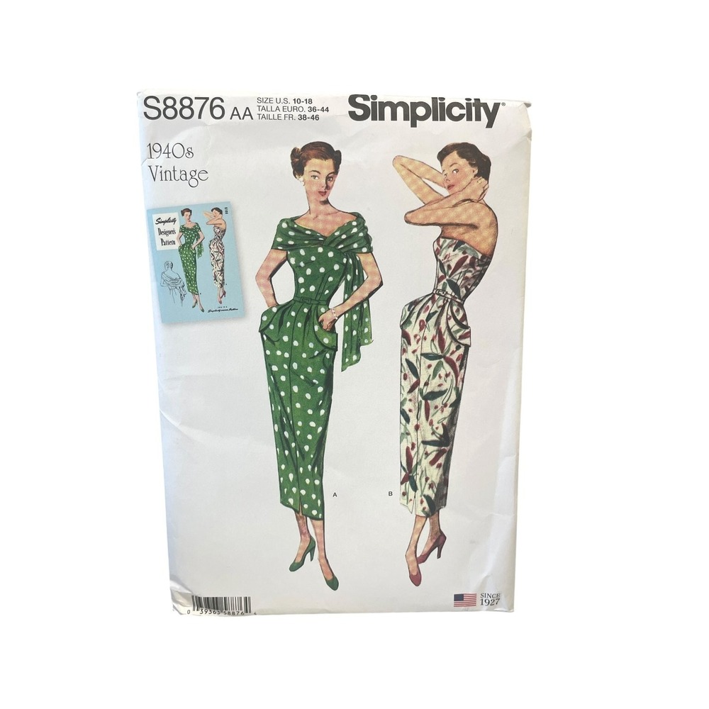 Simplicity S8876 Women's Vintage Dress Stole US 10-18 1940s Designer Pattern